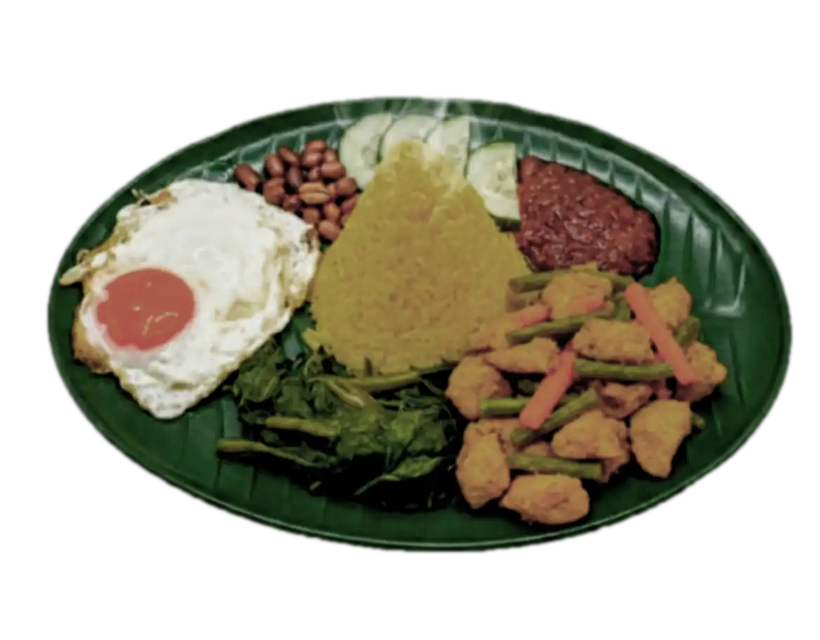 Nasi Lemak Dirajo — nasi lemak kuning premium dengan ayam goreng kunyit, sambal, kacang, timun, kangkung, dan telur